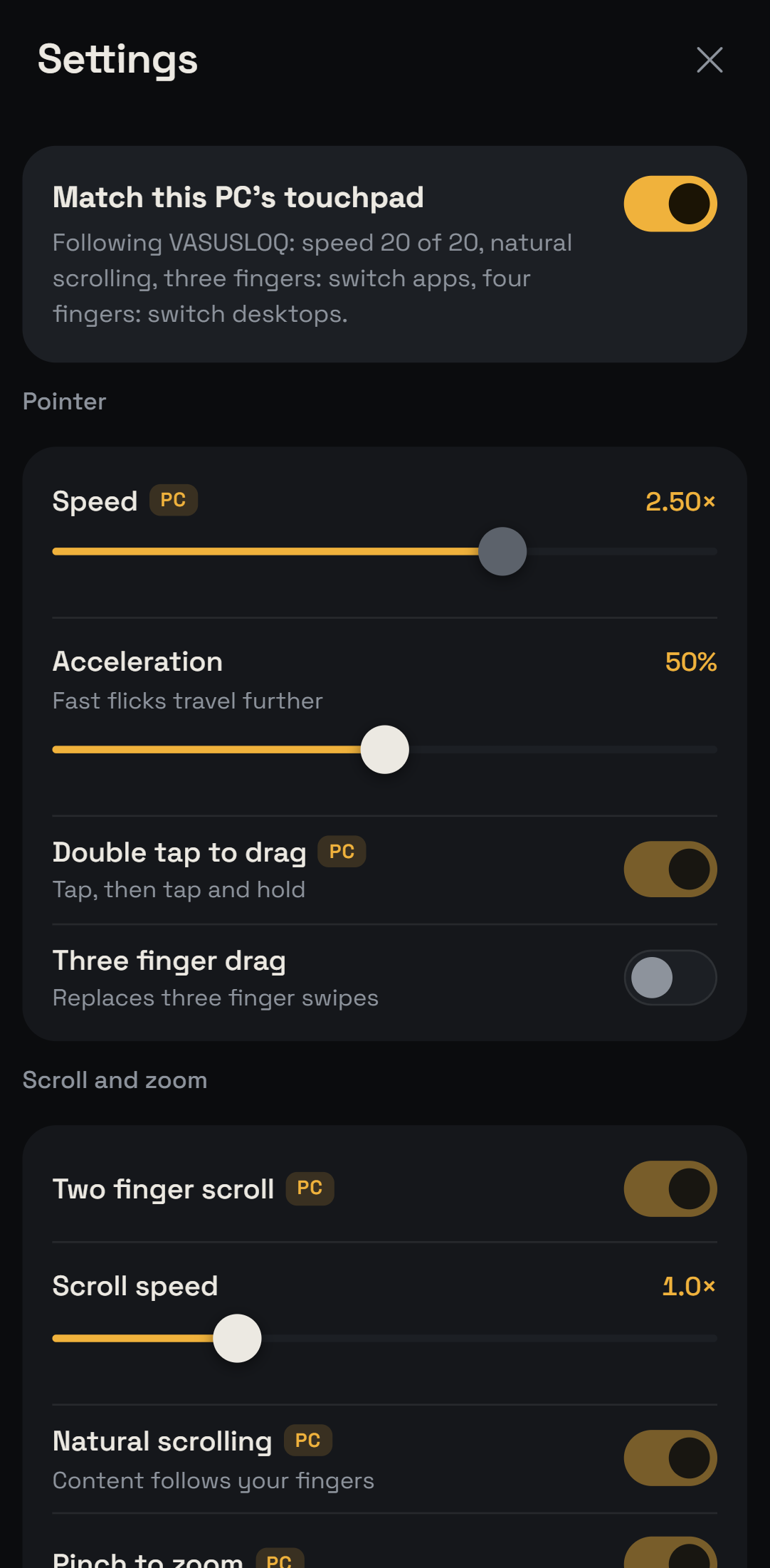 Settings sheet showing Match this PC's touchpad, with fields tagged PC